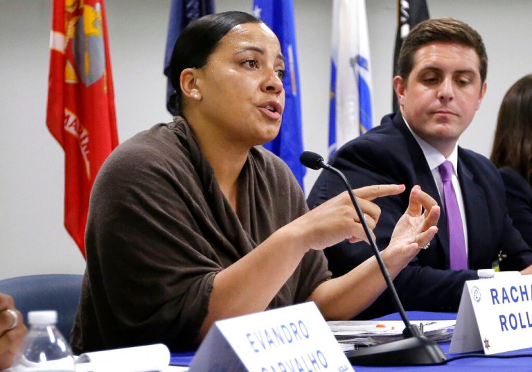 Suffolk County District Attorney Democratic candidate Rachael Rollins, left, takes questions directly from inmates on  June 26, 2018, during a forum at the Suffolk County House of Correction at South Bay, in Boston. 