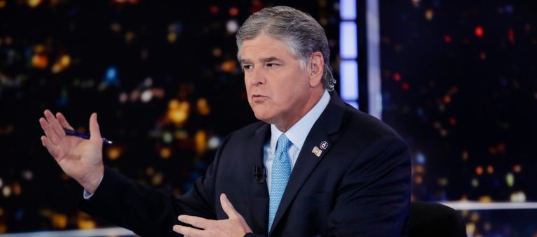Fox News host Sean Hannity speaks during a taping of his show, 