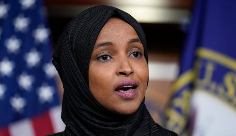 FILE - Rep. Ilhan Omar, D-Minn., during a news conference at the Capitol in Washington, Nov. 30, 2021. 