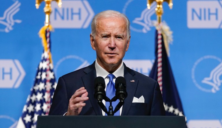 President Joe Biden speaks about the COVID-19 variant named omicron during a visit to the National Institutes of Health on Dec. 2, 2021, in Bethesda, Md.
