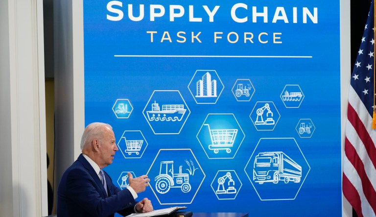 President Joe Biden speaks during a meeting with his task force on supply chain issues, Wednesday, Dec. 22, 2021, in the South Court Auditorium on the White House campus in Washington.