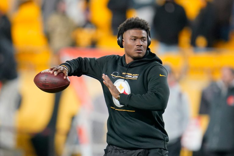 Pittsburgh Steelers quarterback Dwayne Haskins (3) warms up before an NFL football game against the Cleveland Browns, Monday, Jan. 3, 2022, in Pittsburgh.