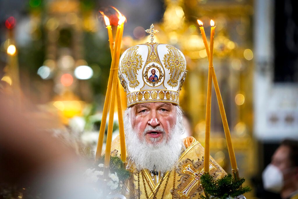 Russian Orthodox Patriarch Kirill celebrates the Divine Liturgy for Christmas in the Christ the Saviour Cathedral in Moscow on Jan. 6, 2022.