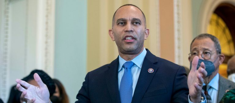 Rep. Hakeem Jeffries, D-N.Y., alongside other members of the Congressional Black Caucus, speaks in front of the senate chambers about their support of voting rights legislation at the Capitol in Washington, Wednesday, Jan. 19, 2022. 
