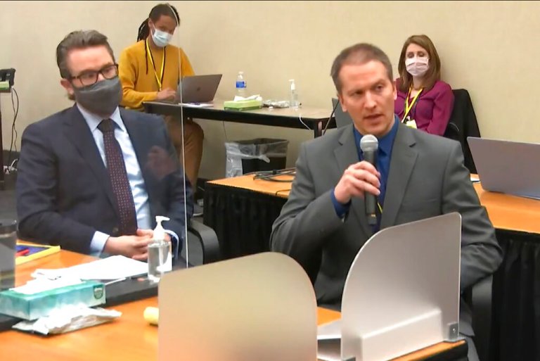 In this April 15, 2021, file image from video, defense attorney Eric Nelson, left, and defendant, former Minneapolis police officer Derek Chauvin, address Hennepin County Judge Peter Cahill at the Hennepin County Courthouse in Minneapolis.
