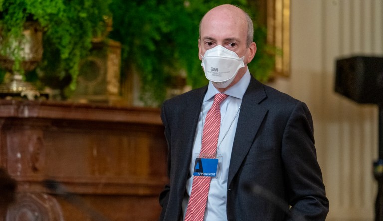 Chair of the Securities and Exchange Commission Gary Gensler arrives before President Joe Biden arrives for a meeting with members of his Administration on efforts to lower prices for working families, in the East Room of the White House in Washington, Monday, Jan. 24, 2022. 