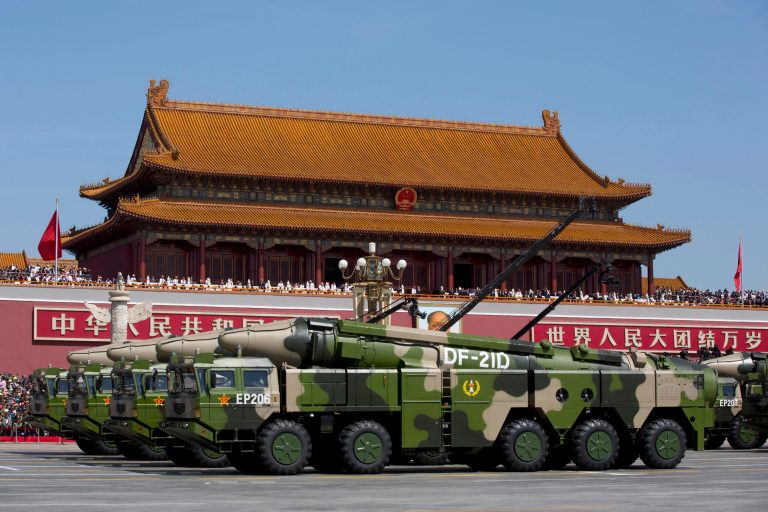 Chinese military vehicles carrying DF-21D anti-ship ballistic missiles.