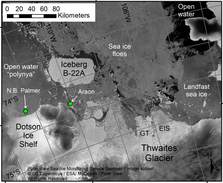 This Feb. 1, 2022 satellite image from the European Space Agency, annotated by marine geophysicist Robert Larter, shows the positions of research vessels RVIB Nathaniel B. Palmer and the RV Araon on the ice shelf areas extending from Thwaites Glacier in Antarctica. 