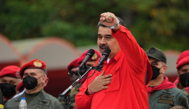 Venezuela's President Nicolas Maduro greets supporters during an event marking the anniversary of the late President Hugo Chavez's 1992 failed coup attempt, in Caracas, Venezuela, Friday, Feb. 4, 2022. Chavez, who was imprisoned after the attempt, was elected president in 1998 and remained in power until he died of cancer in 2013.