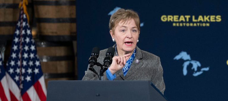 Rep. Marcy Kaptur, an Ohio Democrat, speaks at an event on Feb. 17, 2022, at the Shipyards in Lorain, Ohio.                    
