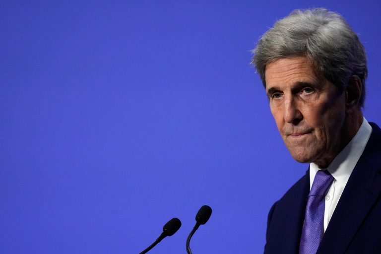 FILE - John Kerry, United States Special Presidential Envoy for Climate speaks during a press conference at the end of the COP26 U.N. Climate Summit in Glasgow, Scotland, Nov. 13, 2021.