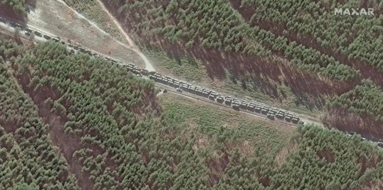 This satellite image provided by Maxar Technologies shows the northern end of a convoy at the southeast of Ivankiv, north west of Kyiv, Ukraine, Monday Feb. 28, 2022. 