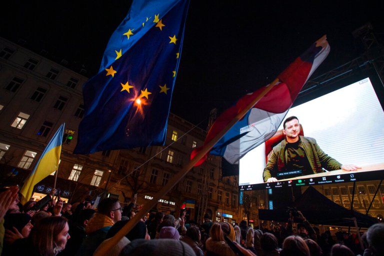 Million Moments for Democracy holds protest event in support of Ukraine, March 4, 2022. Ukrainian President Volodymyr Zelensky, pictured at screen, organisers of similar events in other European cities to give speeches via videoconference tool. Photo/Michaela Rihova (CTK via AP Images)
