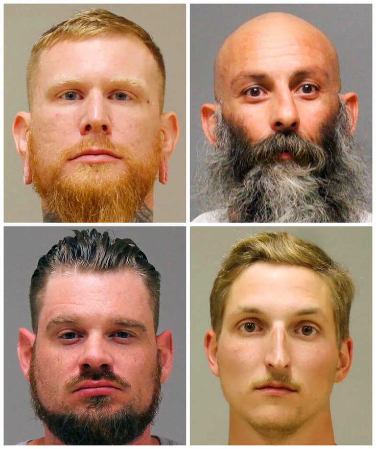 This combination of photos provided by the Kent County Sheriff and the Delaware Department of Justice shows, top row from left, Brandon Caserta and Barry Croft, and bottom row from left, Adam Dean Fox and Daniel Harris. 