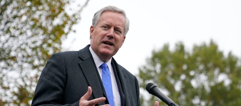 White House chief of staff Mark Meadows speaks with reporters outside the White House, Oct. 26, 2020, in Washington. 