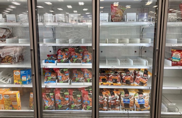 Racks sit empty in the frozen food section of a Target store.