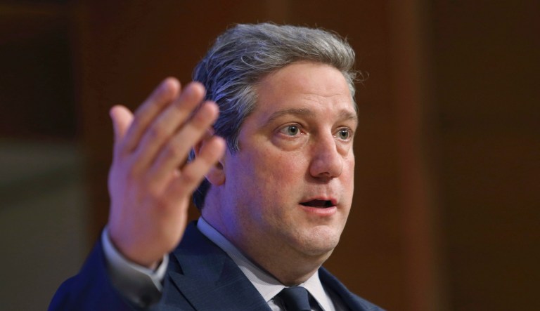 U.S. Rep. Tim Ryan, a Democrat running for an open U.S. Senate seat in Ohio, talks with reporters following a debate with other Democrats at Central State University in Wilberforce, Ohio, Monday, March 28, 2022.