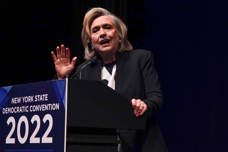 Hillary Rodham Clinton speaks during the New York State Democratic Convention in New York, Thursday, Feb. 17, 2022. 