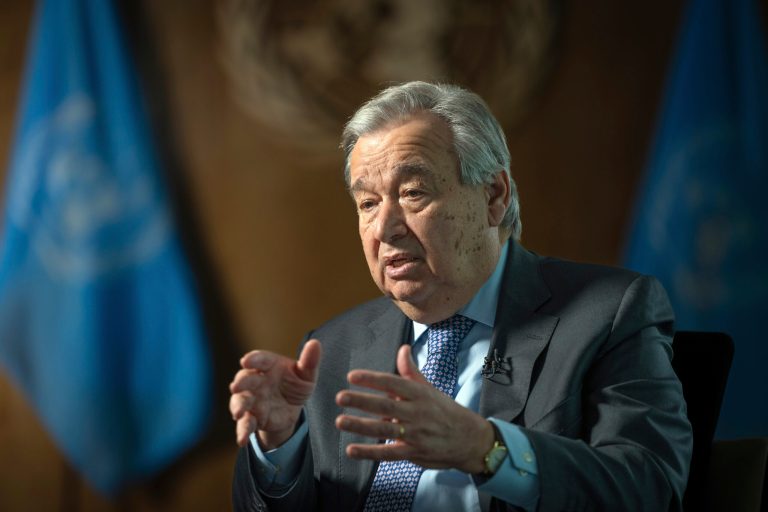 FILE - U.N. Secretary-General Antonio Guterres speaks during an interview at the U.N. headquarters.