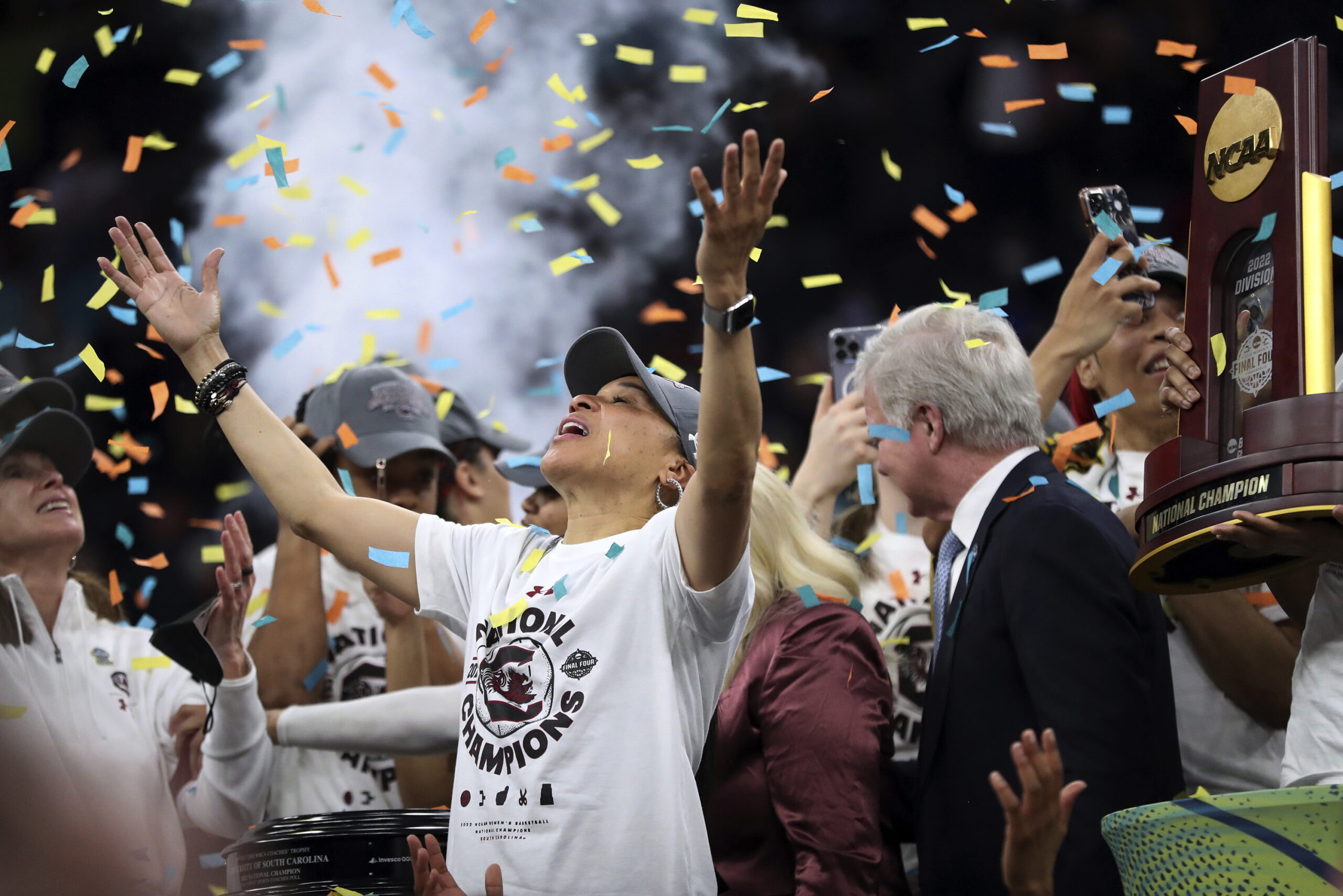 NCAA winners South Carolina stay in the locker room during national anthem