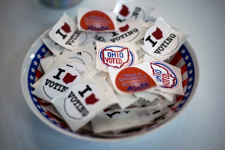 A bowl of stickers waiting for voters after they cast their early ballot at the Jefferson County Board of Elections office in Steubenville, Ohio, on April 4. Early voting begins April 5 in Ohio. 