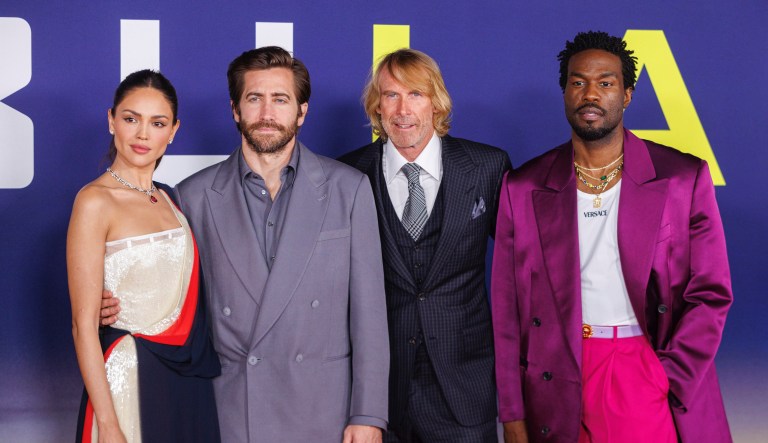 Eiza Gonzalez, from left, Jake Gyllenhaal, Michael Bay and Yahya Abdul-Mateen II arrive at the premiere of 