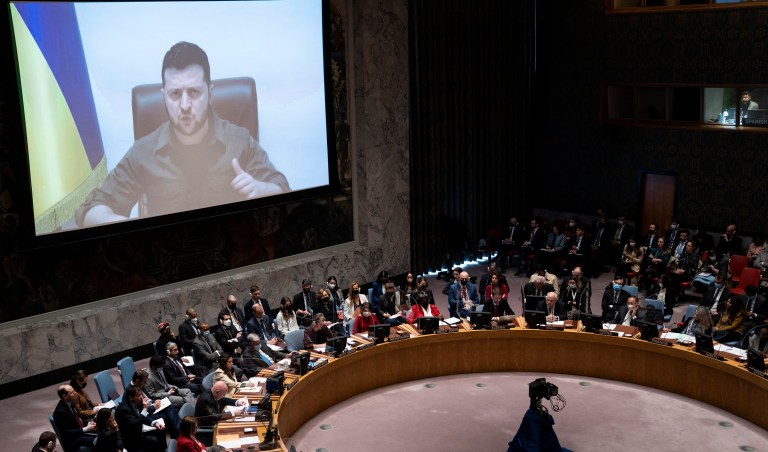 Ukrainian President Volodymyr Zelensky speaks via remote feed during a meeting of the U.N. Security Council, Tuesday, April 5, 2022, at United Nations headquarters.