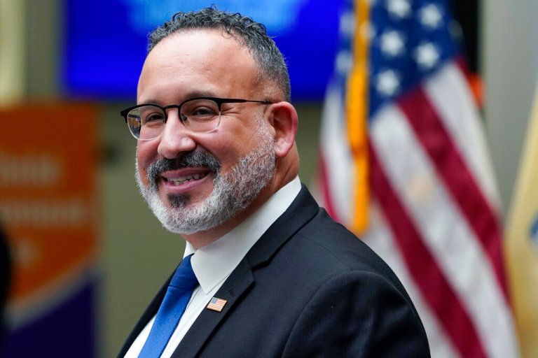 Secretary of Education Miguel Cardona speaks during a visit with first lady Jill Biden to Bergen Community College in Paramus, N.J., Jan. 20, 2022. 