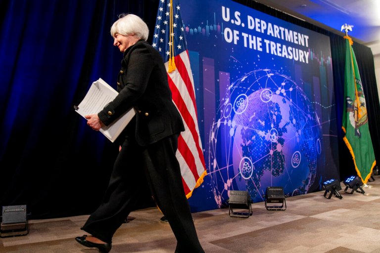 Treasury Secretary Janet Yellen departs after speaking at American University's Kogod School of Business Center for Innovation in Washington, Thursday, April 7, 2022.