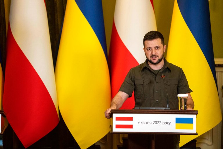 Ukrainian President Volodymyr Zelensky talks at a news conference with Austria's Chancellor Karl Nehammer in Kyiv, Ukraine, Saturday, April 9, 2022. 