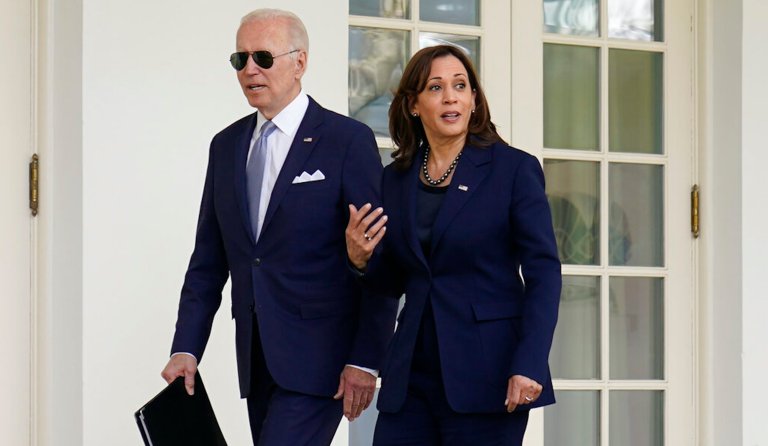 President Joe Biden and Vice President Kamala HarrisÂ walk to the Oval Office after an event in the Rose Garden of the White House in Washington, Monday, April 11, 2022. Biden announced a final version of the administration's ghost gun rule, which comes with the White House and the Justice Department under growing pressure to crack down on gun deaths. 