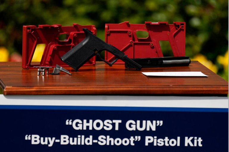 A 9mm pistol build kit with a commercial slide and barrel with a polymer frame is displayed during an event in the Rose Garden of the White House in Washington, Monday, April 11, 2022. President Joe Biden announced a final version of the ghost gun rule, which comes with the White House and the Justice Department under growing pressure to crack down on gun deaths.