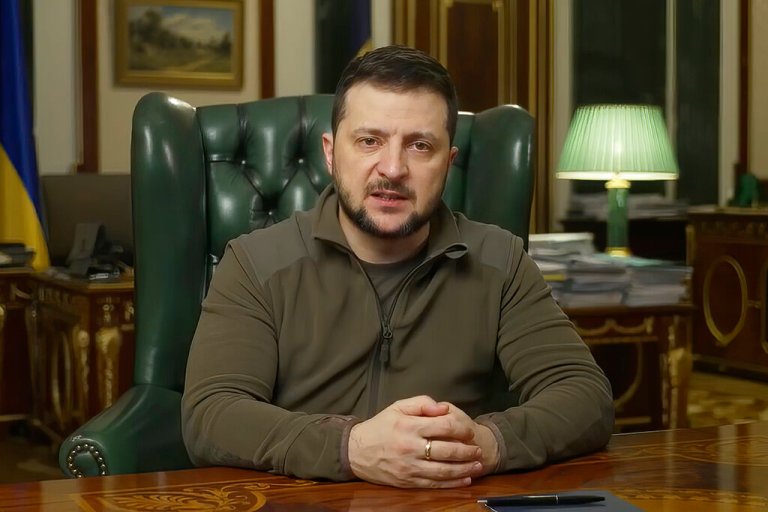 Ukrainian President Volodymyr Zelensky speaks from Kyiv, Ukraine, Monday, April 11, 2022.