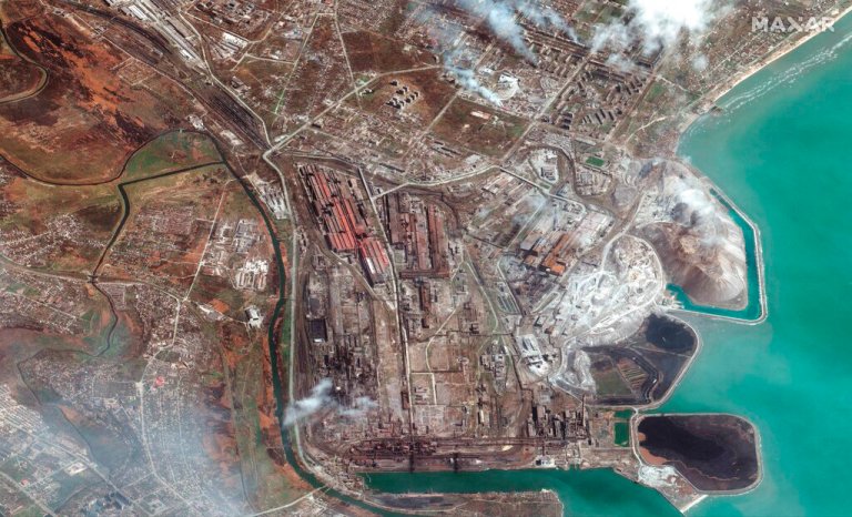 Overview of Azovstal Iron and Steel Works factory in eastern Mariupol, Ukraine, Saturday, April 9, 2022.