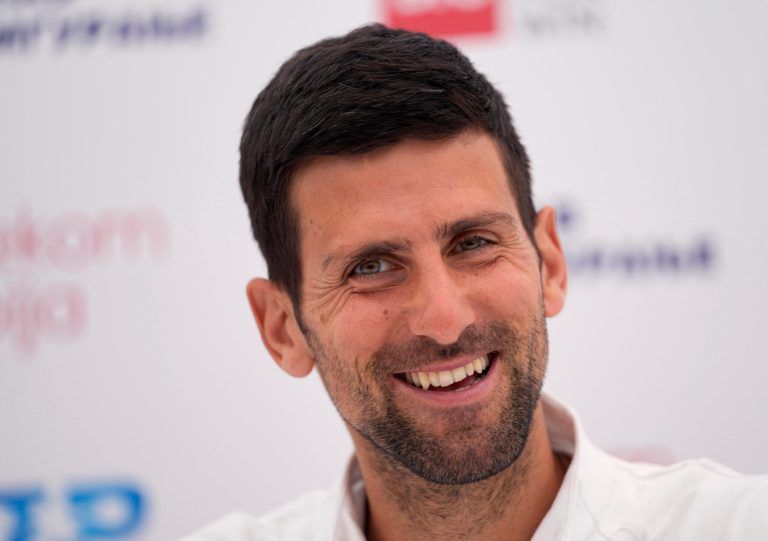 Serbian tennis player Novak Djokovic smiles during a press conference at a Serbia Open 2022 tournament in Belgrade, Serbia, Monday, April 18, 2022.