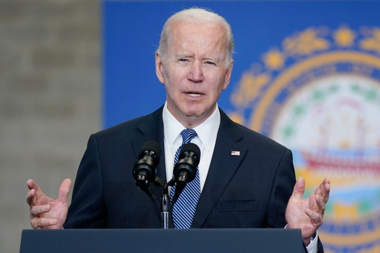 President Joe Biden speaks about his infrastructure agenda at the New Hampshire Port Authority in Portsmouth, N.H., Tuesday, April 19, 2022.
