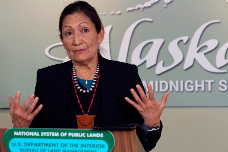 Interior Secretary Deb Haaland gestures while addressing reporters during a news conference Thursday, April 21, 2022, in Anchorage, Alaska.