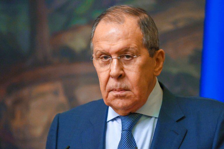 In this handout photo released by Russian Foreign Ministry Press Service, Russian Foreign Minister Sergey Lavrov attends a joint news conference following his talks with Kazakhstan's Foreign Minister Muchtar Tileuberdi in Moscow, Russia, Friday, April 22, 2022.