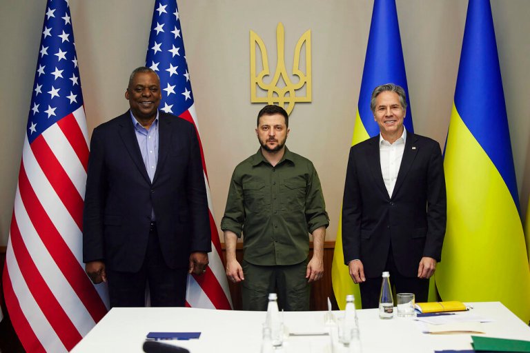 In this image from video provided by the Ukrainian Presidential Press Office and posted on Facebook, on Monday, April 25, 2022, from left; U.S. Secretary of Defense Lloyd Austin, Ukrainian President Volodymyr Zelenskyy and U.S. Secretary of State Antony Blinken pose for a picture during their meeting in Kyiv, Ukraine.