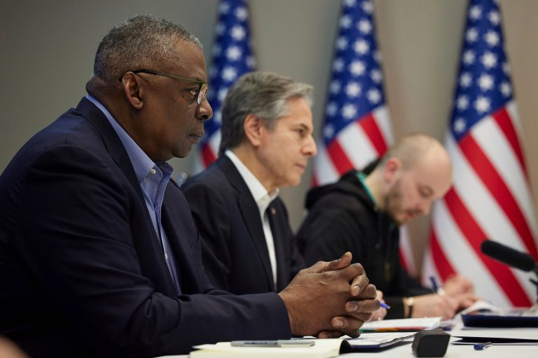 U.S. Secretary of Defense Lloyd Austin, left, and Secretary of State Antony Blinken, center, attend a meeting on April 24 with Ukrainian President Volodymyr Zelenskyy.