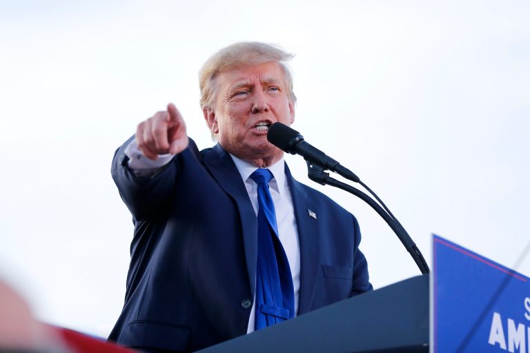 Former President Donald Trump speaks at a rally at the Delaware County Fairgrounds on Saturday in Delaware, Ohio, to endorse Republican candidates ahead of the Ohio primary on May 3.