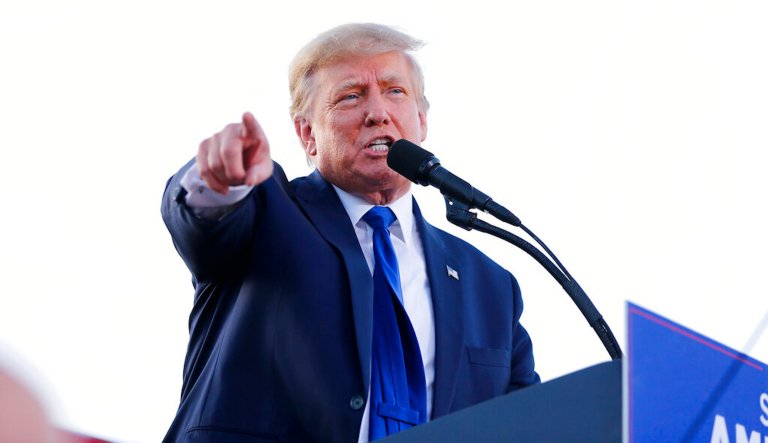 Former President Donald Trump speaks at a rally at the Delaware County Fairgrounds, Saturday, April 23, 2022, in Delaware, Ohio, to endorse Republican candidates ahead of the Ohio primary on May 3. A New York judge has found former president Donald Trump in contempt of court for failing to adequately respond to a subpoena issued by the state's attorney general as part of a civil investigation into his business dealings. 