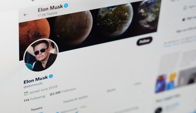 Seen on the screen of a device in Sausalito, Calif., is the Twitter page of Elon Musk on Monday, April 25, 2022. 