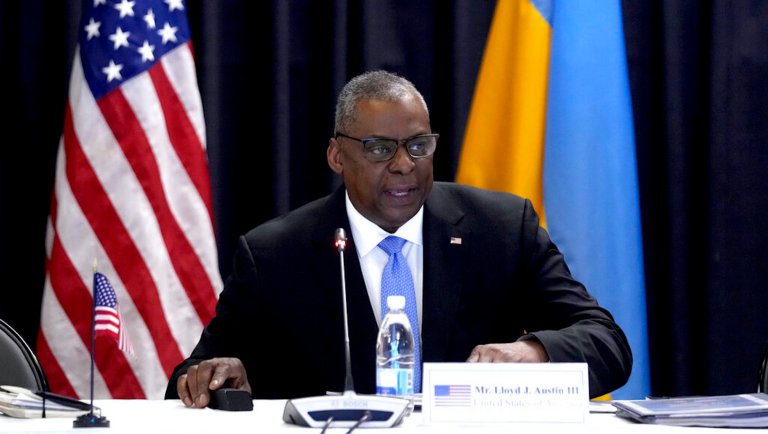 U.S. Secretary of Defense, Lloyd Austin, delivers a speech as he hosts the meeting of the Ukraine Security Consultative Group at Ramstein Air Base in Ramstein, Germany, Tuesday, April 26, 2022. 