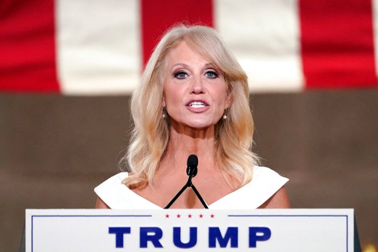 White House counselor Kellyanne Conway tapes her speech for the third day of the Republican National Convention from the Andrew W. Mellon Auditorium in Washington, Aug. 26, 2020.
