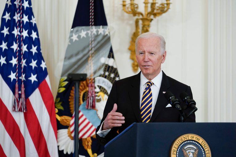 President Joe Biden speaks during the 2022 National and State Teachers of the Year event in the East Room of the White House in Washington on Wednesday.