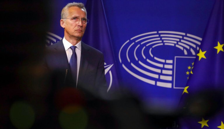 NATO Secretary General Jens Stoltenberg delivers a statement to the media prior to a meeting at the European Parliament in Brussels, Thursday, April 28, 2022. 