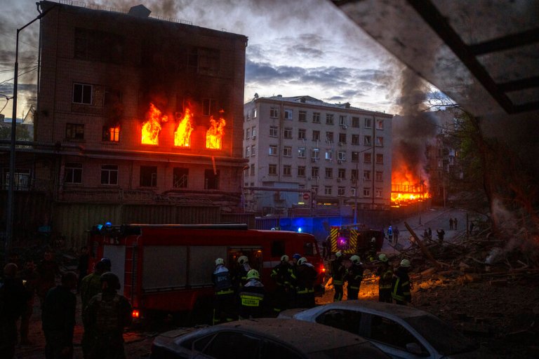 Emergency services are working in the area following an explosion in Kyiv, Ukraine on Thursday, April 28, 2022.