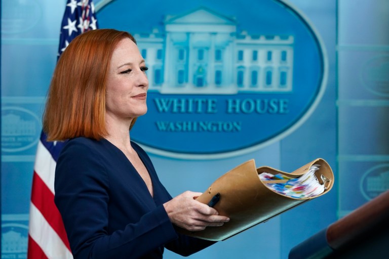 White House press secretary Jen Psaki arrives for the daily briefing at the White House in Washington, Friday, April 29, 2022.