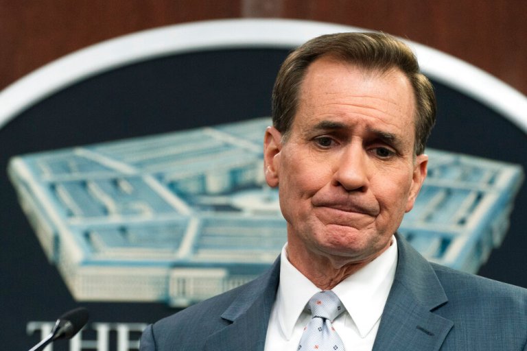 Pentagon spokesman John Kirby pauses as he talks about Ukraine during a briefing at the Pentagon in Washington on Friday.